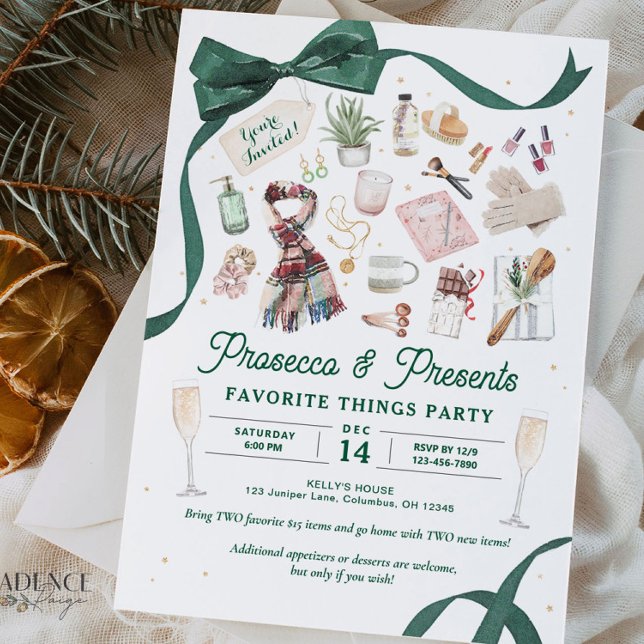 Favourite Things Party Invite Prosecco and Present (Prosecco and Presents Favorite Things Party Invitation featuring illustrations of gifts to exchange)