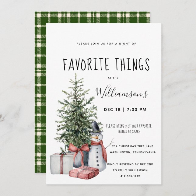 Favourite Things Watercolor Christmas Party  Invitation (Front/Back)
