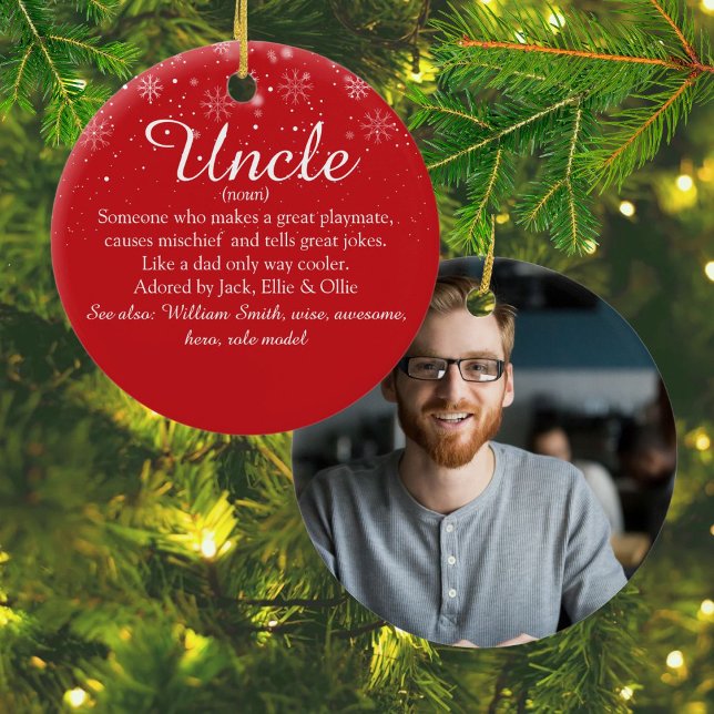 Favourite Uncle Definition Photo Snowflakes Script Ceramic Tree Decoration (Favorite Uncle Definition Photo Snowflakes Script Ceramic Ornament)