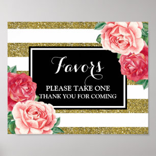 Favours Baby Shower Sign Black Gold Pink Floral