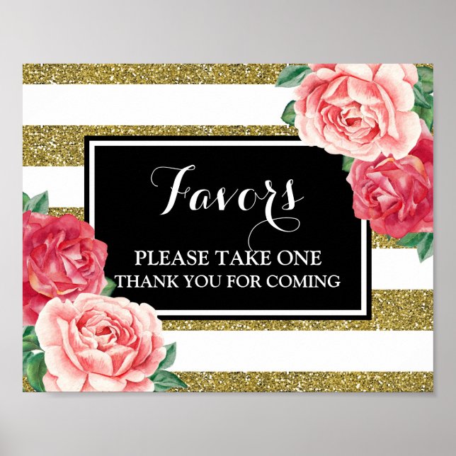 Favours Baby Shower Sign Black Gold Pink Floral (Front)