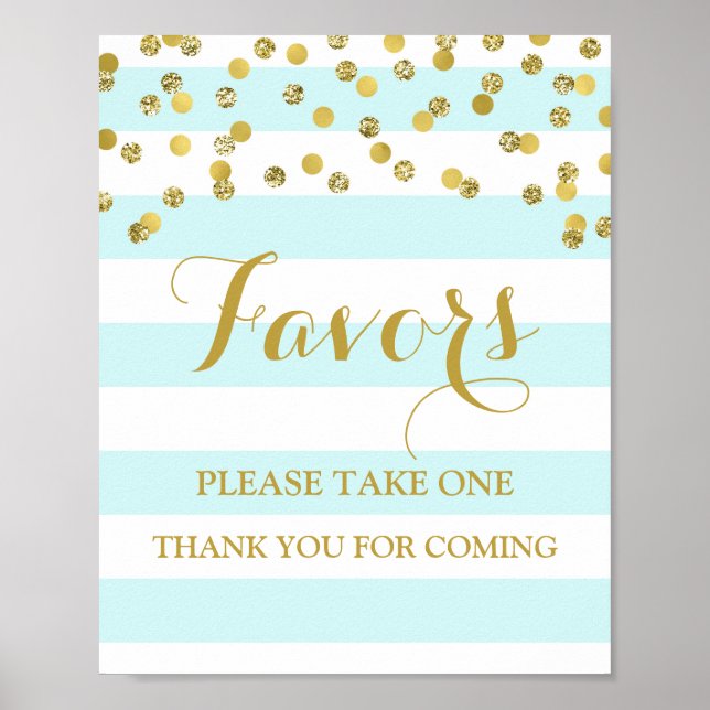 Favours Baby Shower Sign Blue Stripe Gold Confetti (Front)