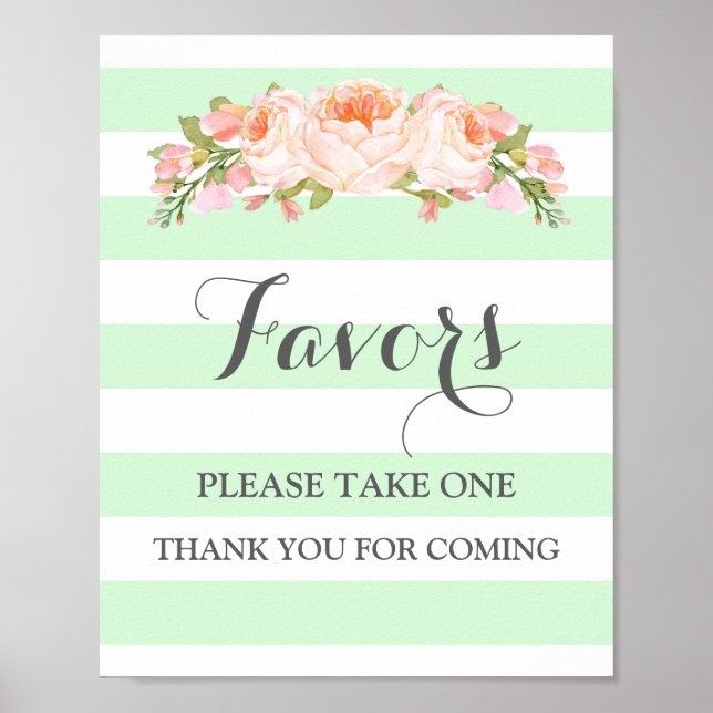 Favours Baby Shower Sign Mint Flowers Stripes (Front)