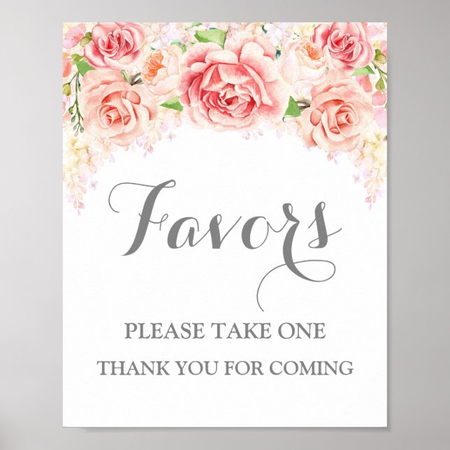 Favours Baby Shower Sign Pink Watercolor Floral (Front)