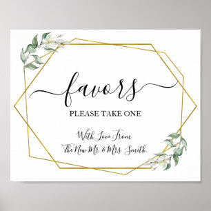 Favours party sign wedding reception greenery gold