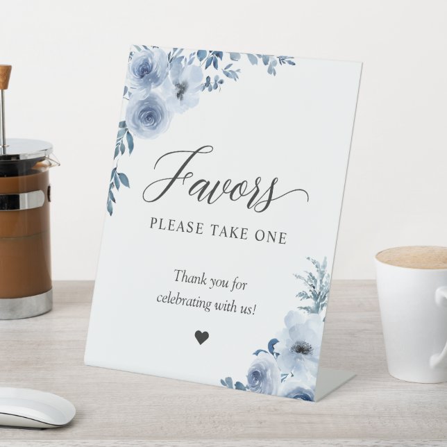 Favours Please Take One Boho Dusty Blue Floral Pedestal Sign (In SItu)
