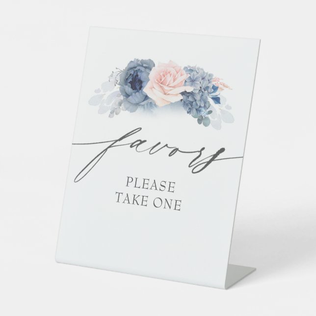 Favours Please Take One Dusty Blue Pink Floral  Pedestal Sign (Front)