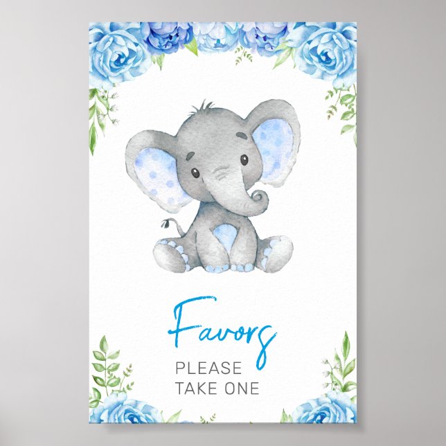 Favours Please Take One Elephant Baby Boy Shower Poster (Front)
