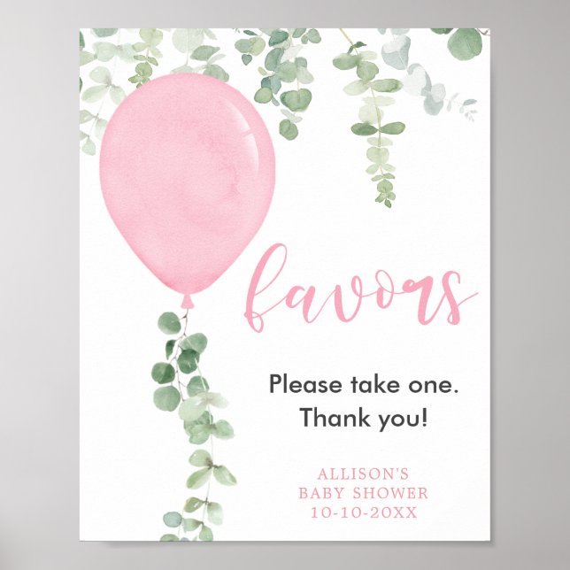 Favours sign pink balloons greenery baby shower (Front)