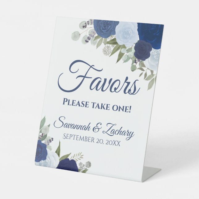 Favours Take One Blue Boho Roses Wedding Pedestal Sign (Front)