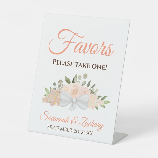 Favours Take One Coral Peach Roses Wedding Pedestal Sign (Front)