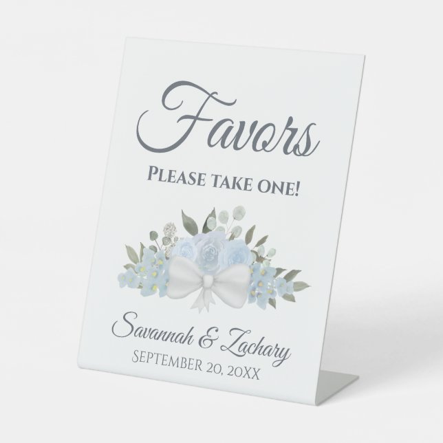 Favours Take One Dusty Blue Boho Roses Wedding Pedestal Sign (Front)