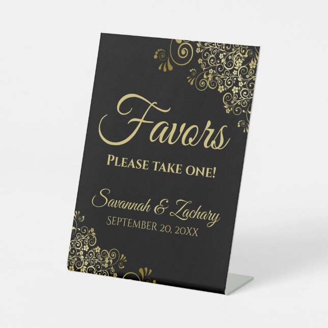 Favours Take One Elegant Black & Gold Wedding Pedestal Sign (Front)