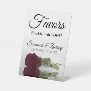 Favours Take One Elegant Burgundy Rose Wedding Pedestal Sign