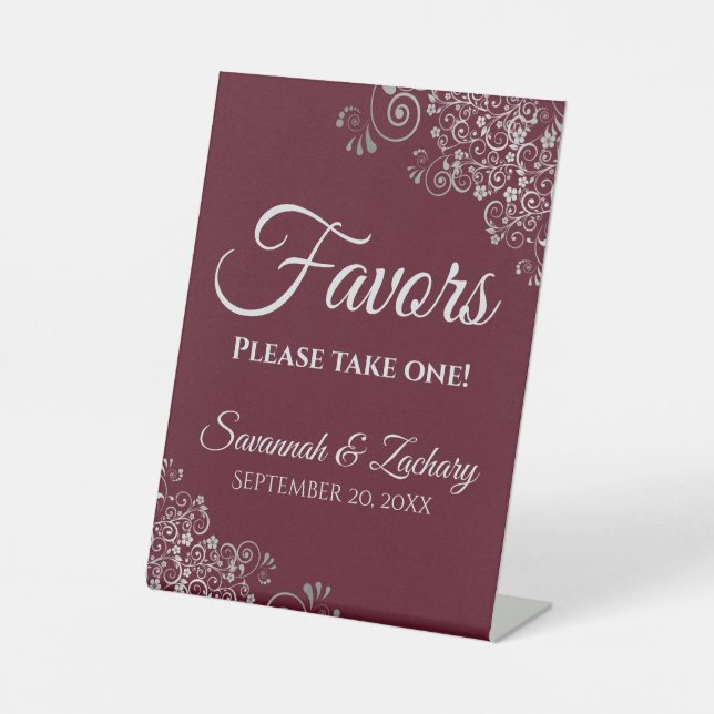 Favours Take One Elegant Burgundy & Silver Wedding Pedestal Sign (Front)