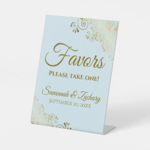 Favours Take One Elegant Light Blue & Gold Wedding Pedestal Sign