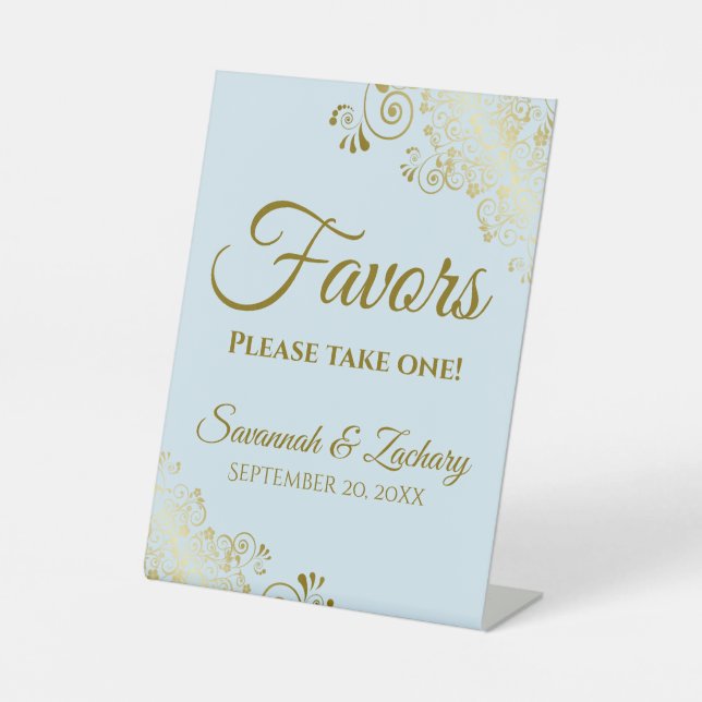 Favours Take One Elegant Light Blue & Gold Wedding Pedestal Sign (Front)