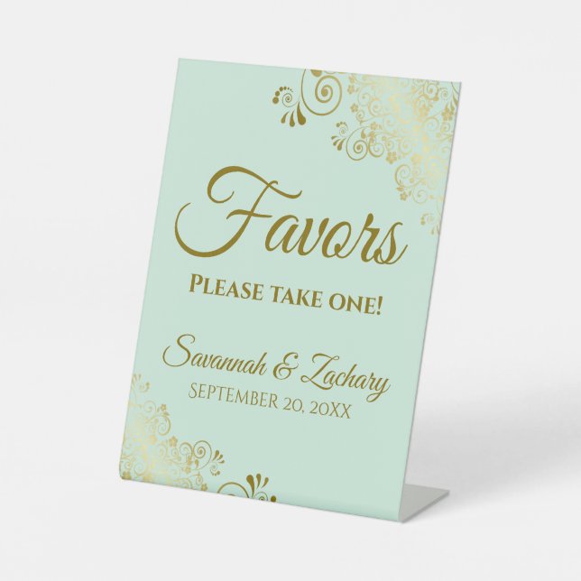 Favours Take One Elegant Mint Green & Gold Wedding Pedestal Sign (Front)
