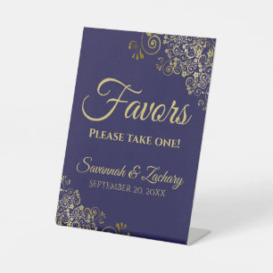 Favours Take One Elegant Navy Blue & Gold Wedding Pedestal Sign