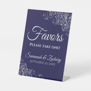 Favours Take One Elegant Navy Blue & Silver Weddin Pedestal Sign