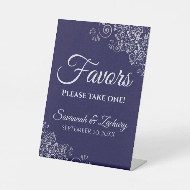 Favours Take One Elegant Navy Blue & Silver Weddin Pedestal Sign (Front)