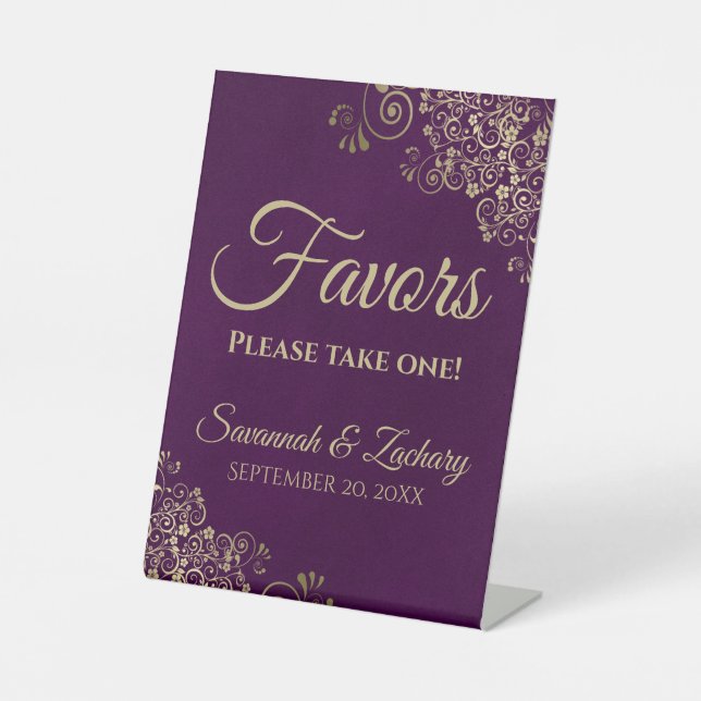 Favours Take One Elegant Plum Purple & Gold Weddin Pedestal Sign (Front)