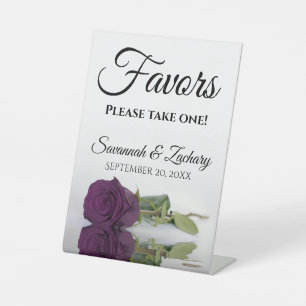 Favours Take One Elegant Plum Purple Rose Wedding Pedestal Sign