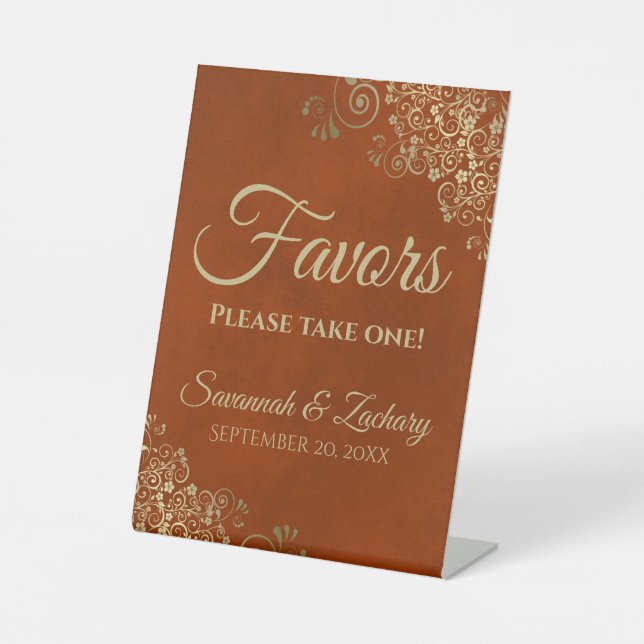 Favours Take One Elegant Rust Orange & Gold Weddin Pedestal Sign (Front)