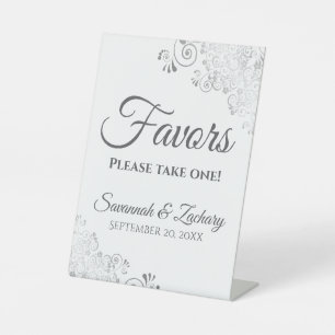 Favours Take One Elegant Silver & White Wedding Pedestal Sign