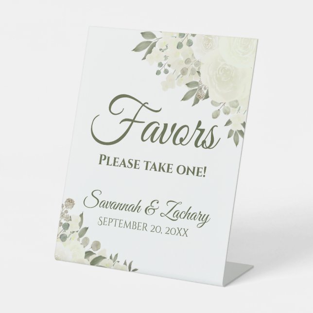 Favours Take One Elegant White Boho Floral Wedding Pedestal Sign (Front)