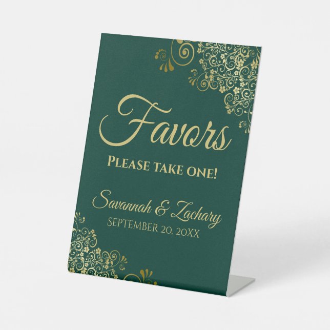 Favours Take One Emerald Green & Gold Wedding Pedestal Sign (Front)