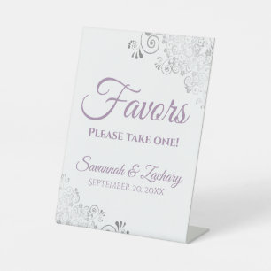 Favours Take One Silver Lavender & White Wedding Pedestal Sign