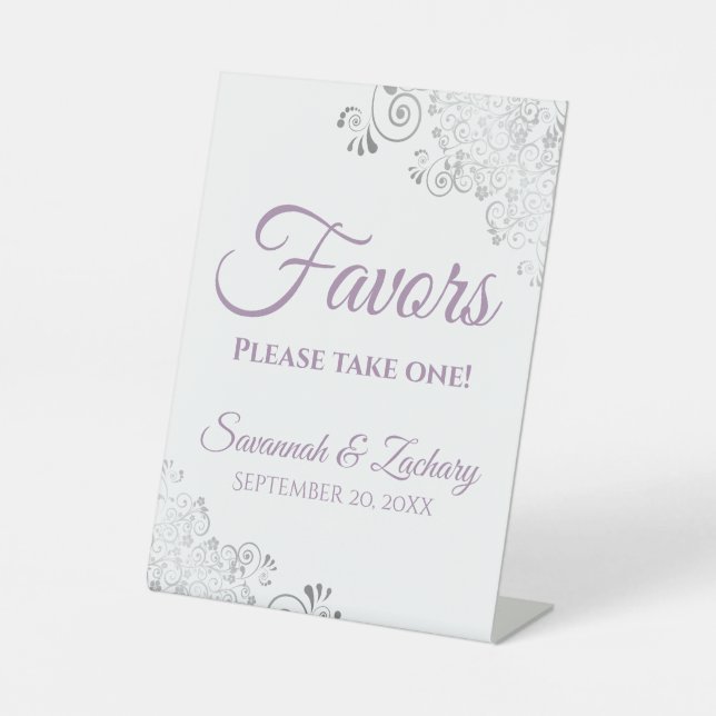 Favours Take One Silver Lavender & White Wedding Pedestal Sign (Front)