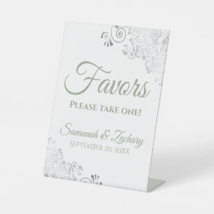 Favours Take One Silver Sage Green & White Wedding Pedestal Sign