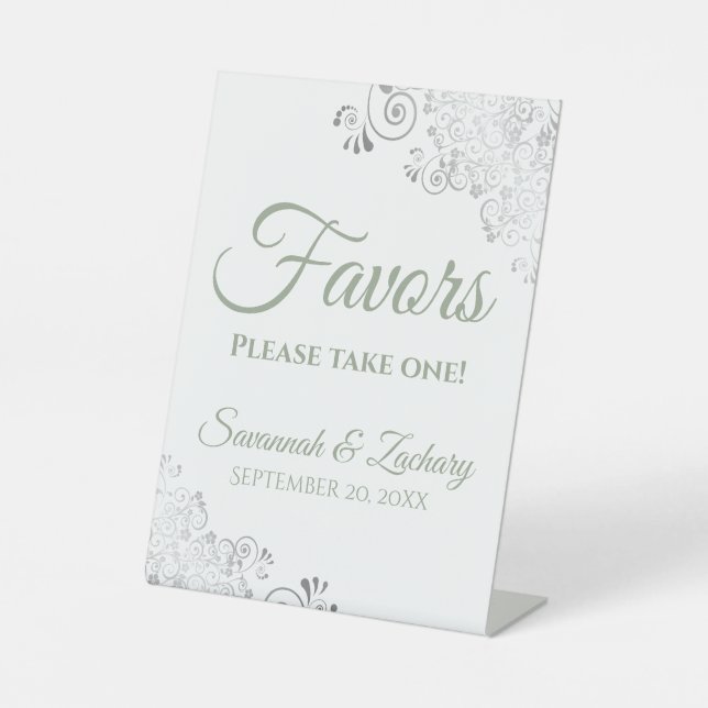 Favours Take One Silver Sage Green & White Wedding Pedestal Sign (Front)