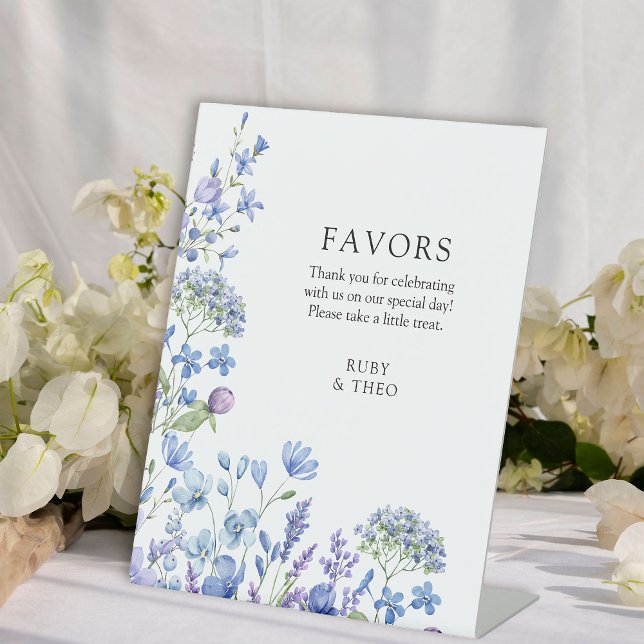Favours Wildflower Periwinkle Floral Wedding  Pedestal Sign (Personalized Wedding Favors Table Ssign from my Lilac + Periwinkle Wildflower Wedding Collection)