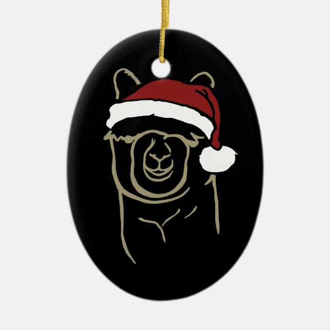 Fawn Alpaca with Santa Hat Ceramic Tree Decoration (Front)