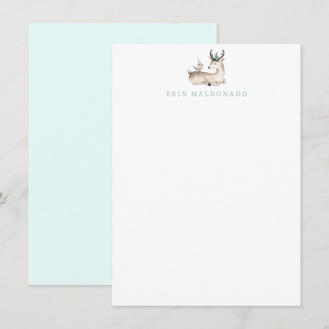 Fawn and Bird Stationery - Baby Deer Note Cards (Front/Back)