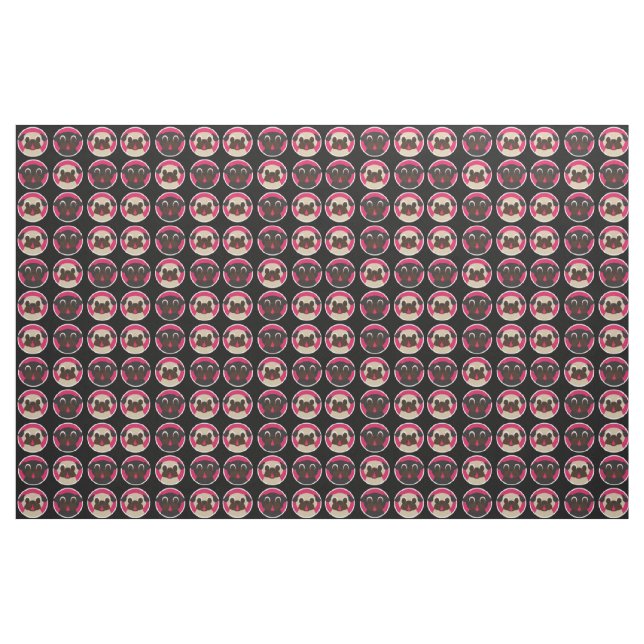 Fawn and Black Pug Heads on Black Fabric (Yard)