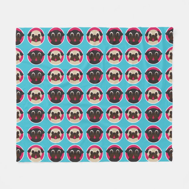 Fawn and Black Pugs in Circles on Ocean Blue Fleece Blanket (Front (Horizontal))