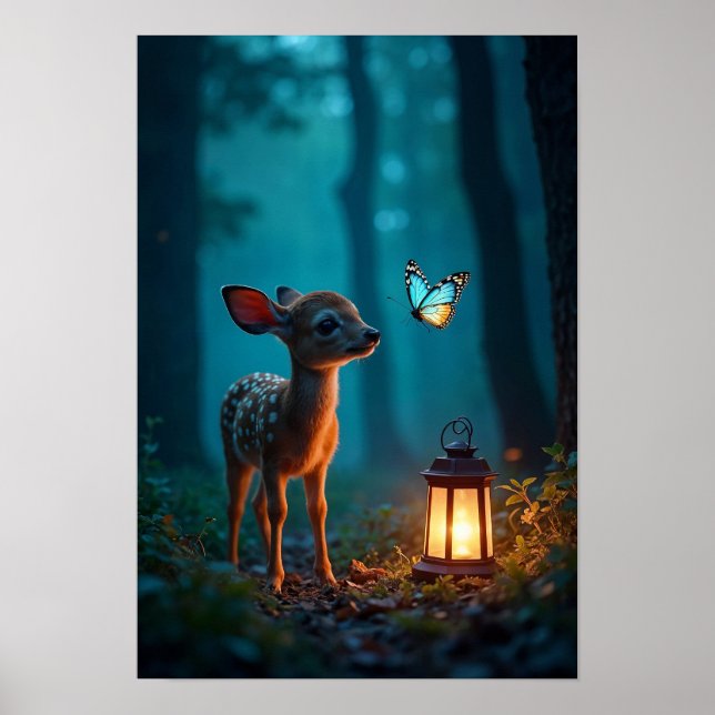 Fawn and Butterfly in Enchanted Forest Poster (Front)
