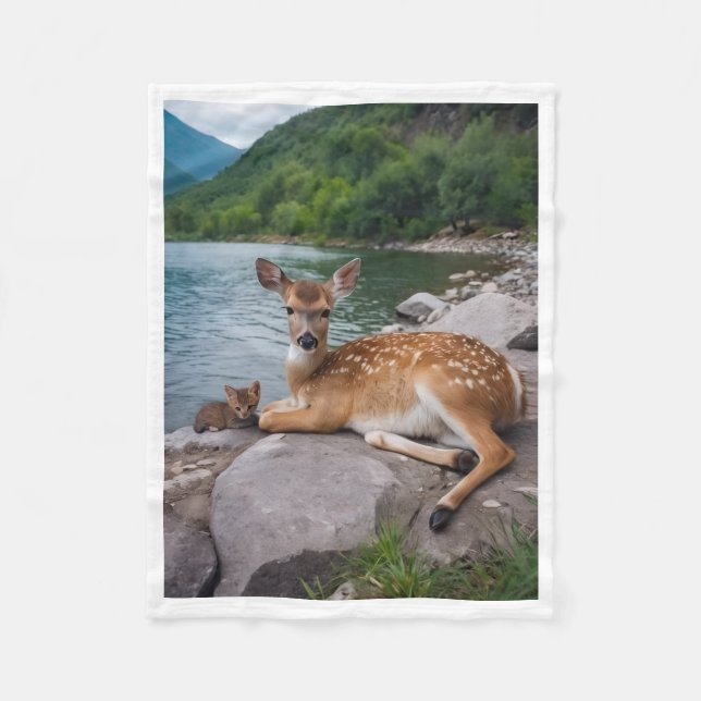 Fawn and Cat by River Cosy Fleece Blanket (Front)