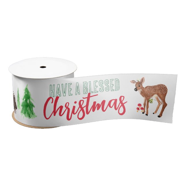 Fawn and forest friends Have a blessed Christmas Satin Ribbon (Spool)