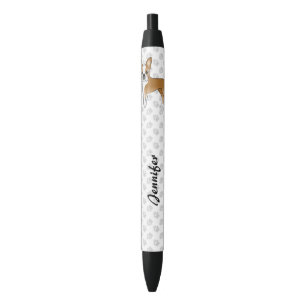 Fawn And White Boston Terrier Cartoon Dog & Name Black Ink Pen