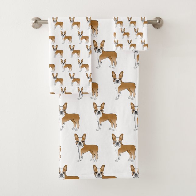 Fawn And White Boston Terrier Cartoon Dog Pattern Bath Towel Set (Insitu)