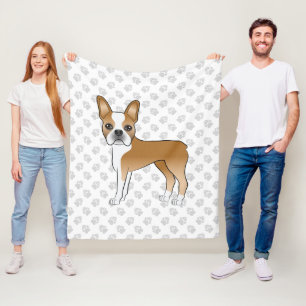 Fawn And White Boston Terrier Cartoon Dog & Paws Fleece Blanket