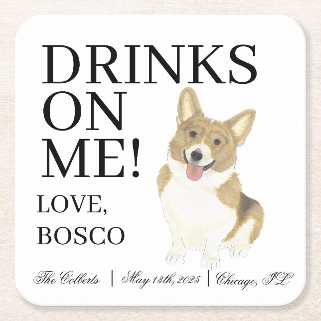 Fawn and White Corgi Dog Wedding Square Paper Coaster (Front)
