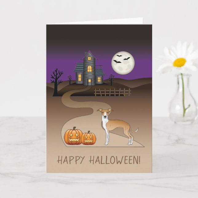 Fawn And White Iggy And Halloween Haunted House Card (Small Plant)