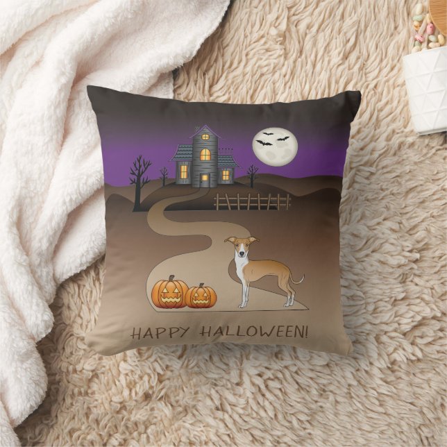 Fawn And White Iggy And Halloween Haunted House Cushion (Blanket)