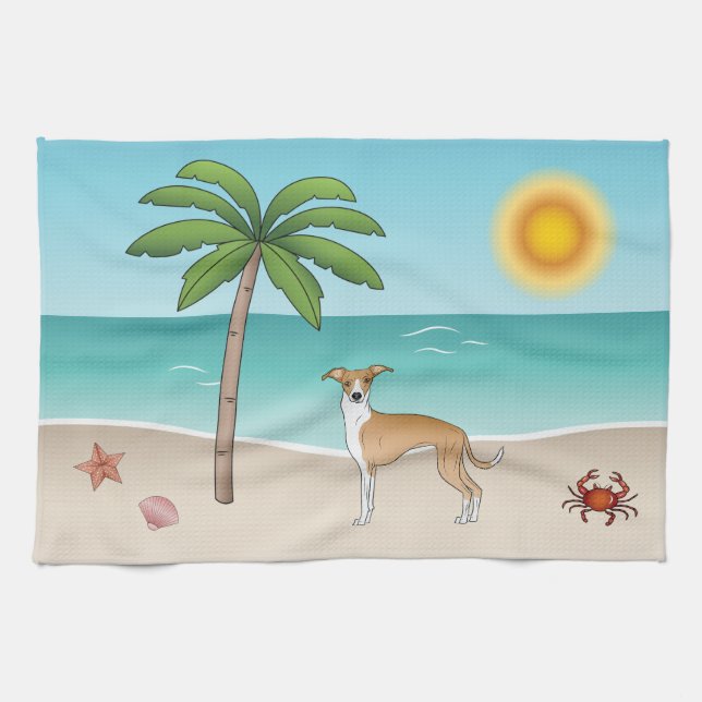 Fawn And White Iggy Dog At A Tropical Summer Beach Tea Towel (Horizontal)